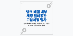 석유화학 플랜트 저장 탱크 내부 밀폐공간에서 고압세정 작업을 위해 유해가스 농도를 측정하고 안전 보호구를 착용한 작업자들